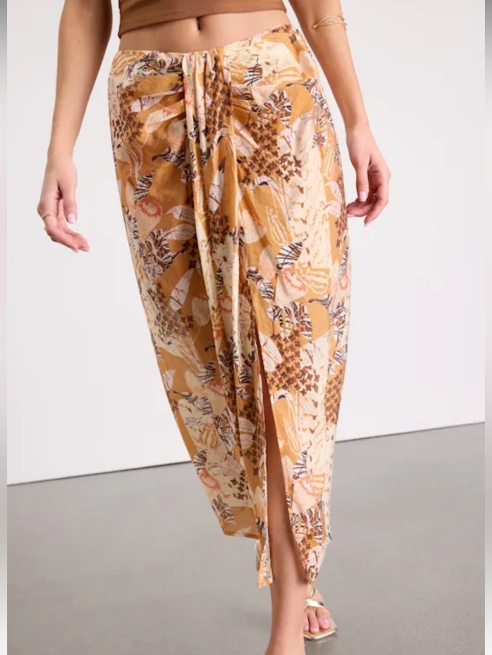 Lulu's Something Wild Brown Multi Print Twist-Front Midi Skirt NWT - Picture 2 of 10
